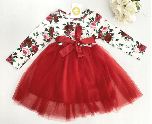 Girls Red Rose Print Long Sleeve Tulle Dress