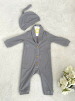 Size 6-9 months Baby Boys Romper New Grey Shawl Collar Button Romper & Beanie