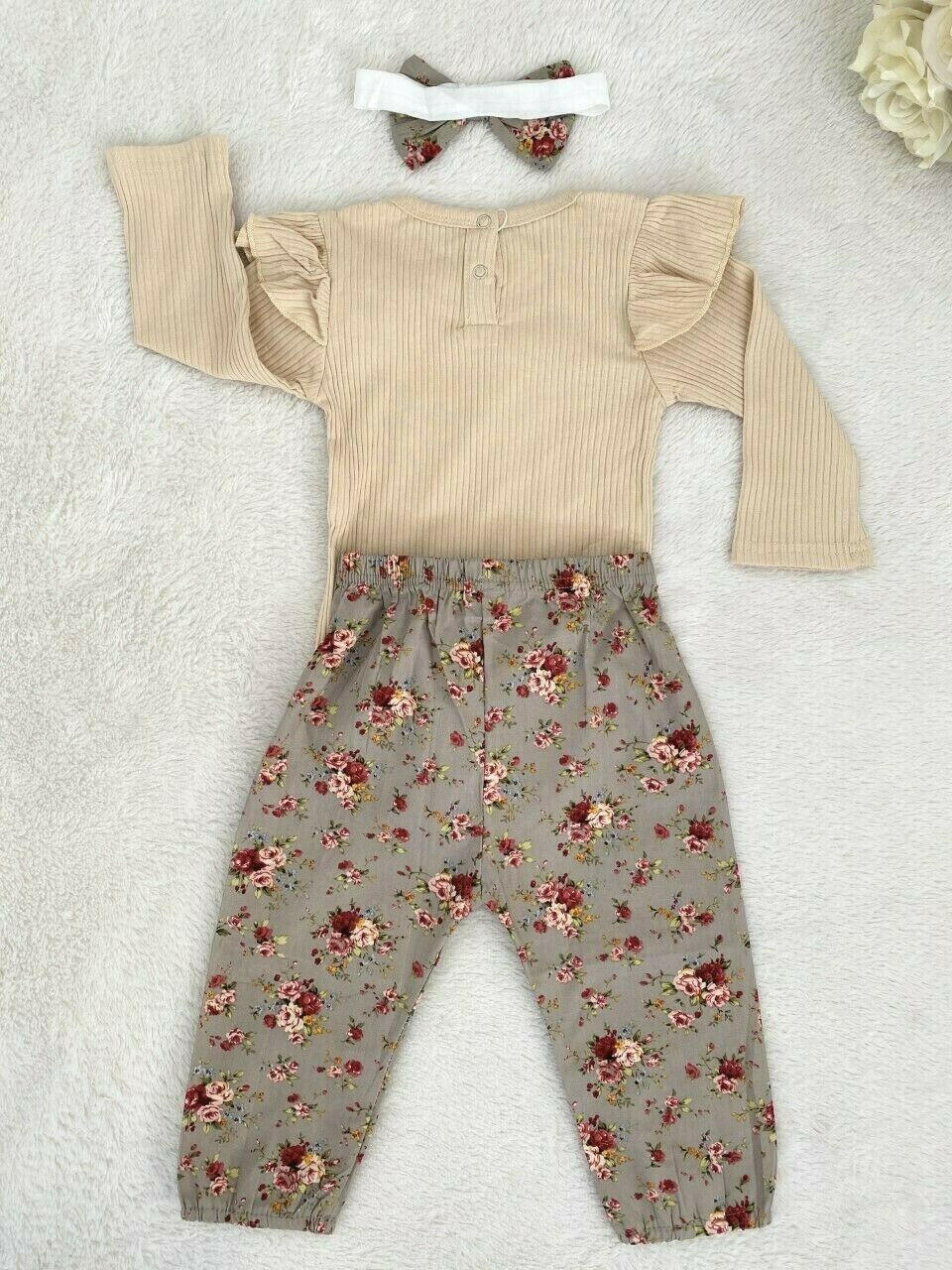 SOLD OUT- baby outfit beige bodysuit olive floral pants & headband