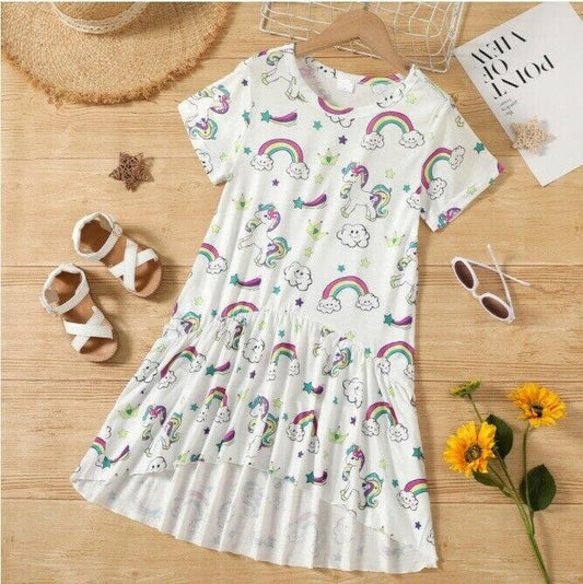 Unicorn and Rainbow Print Girls Dress – White