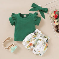 size 0-3m to 12-18m new baby girls outfit green top, floral shorts & headband