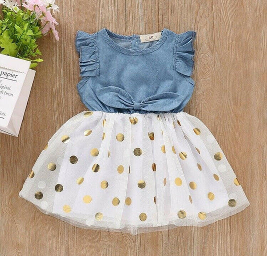 size 18-24 months girls dress new chambray gold polka dot girls tulle dress