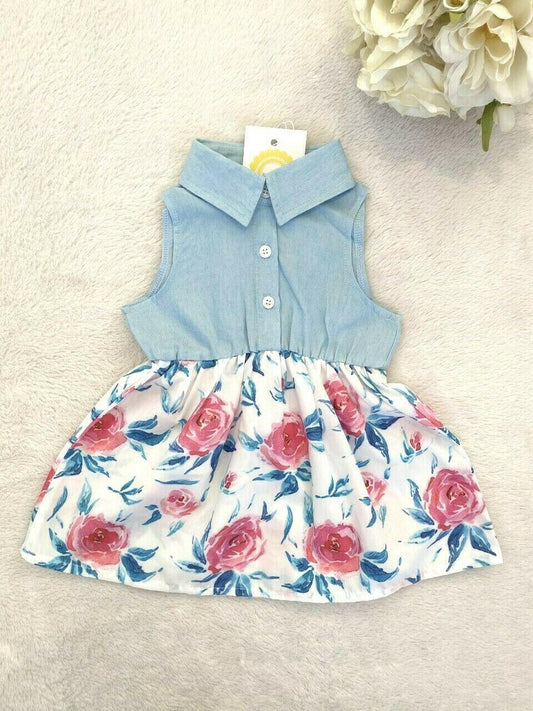 size 3-6 months new baby girls dress chambray floral baby girls dress.