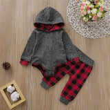 size 0-3m to 12-18 months new boys 2pc outfit grey & red plaid hoodie & pants