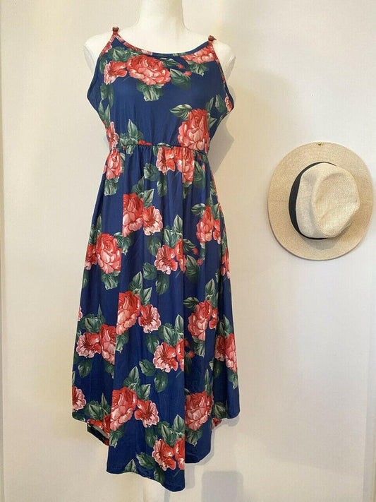 size 12 AUS  new womens dress dark blue pink floral round hem womens tank dress