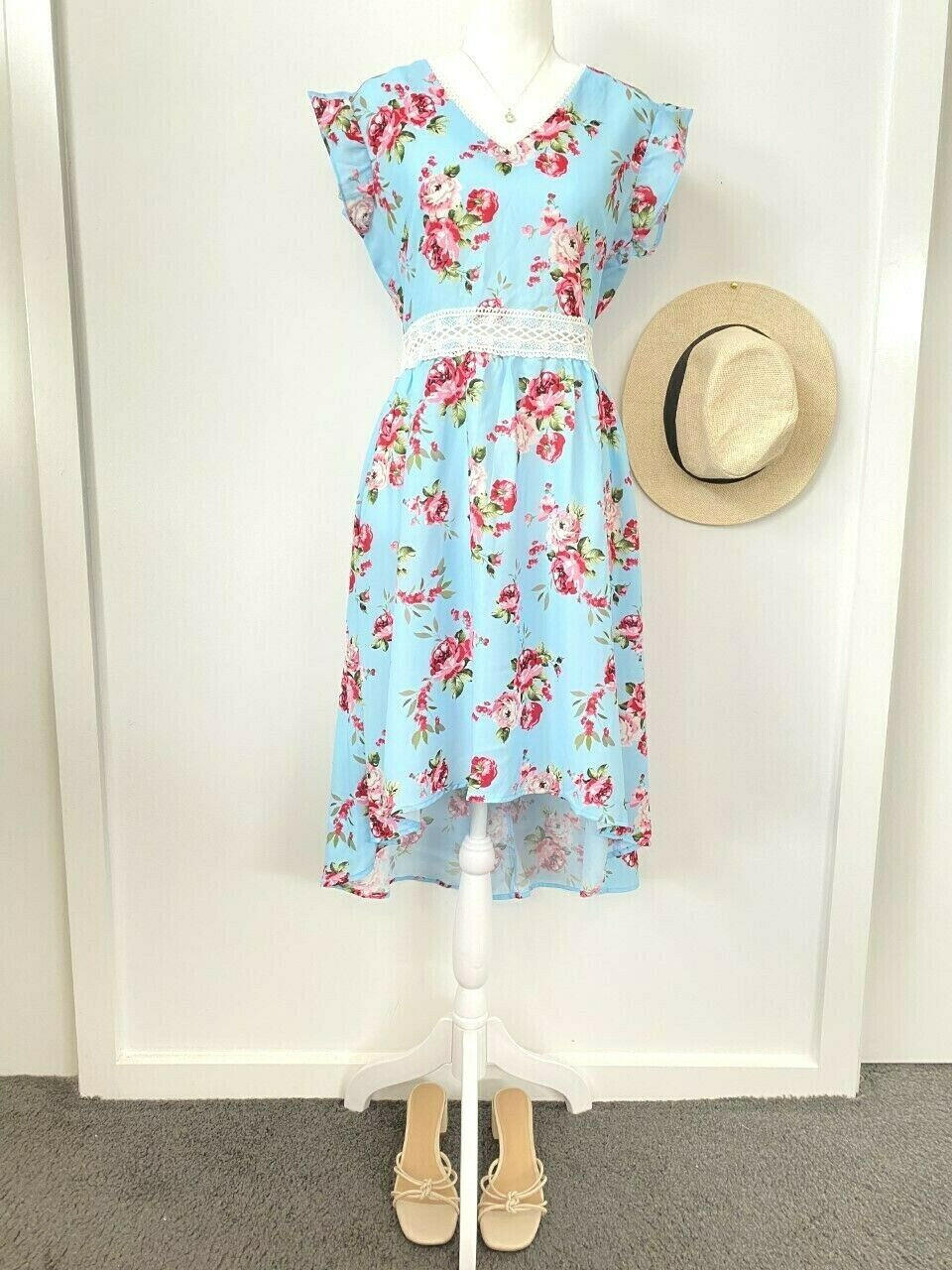 Size 10 AU New Womens Dress Light Blue Pink Floral High-Low Flutter Sleeve Dress