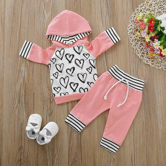 New Size 0-3 Months Baby Girls Outfit - 2-Piece Heart Pink Hoodie and Pant Set