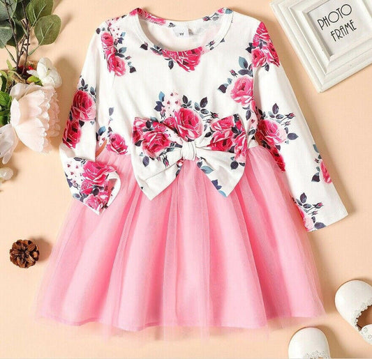 girls dress new pink floral bowknot long sleeve tulle girls dress