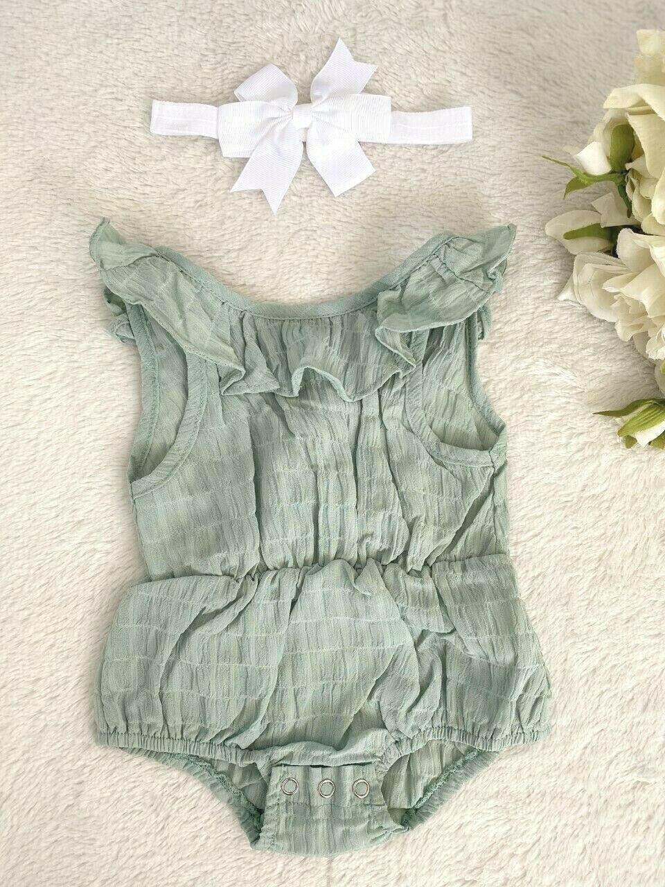 size 0-3m/3-6m new baby girl romper green ruffle romper & headband-Select Size.