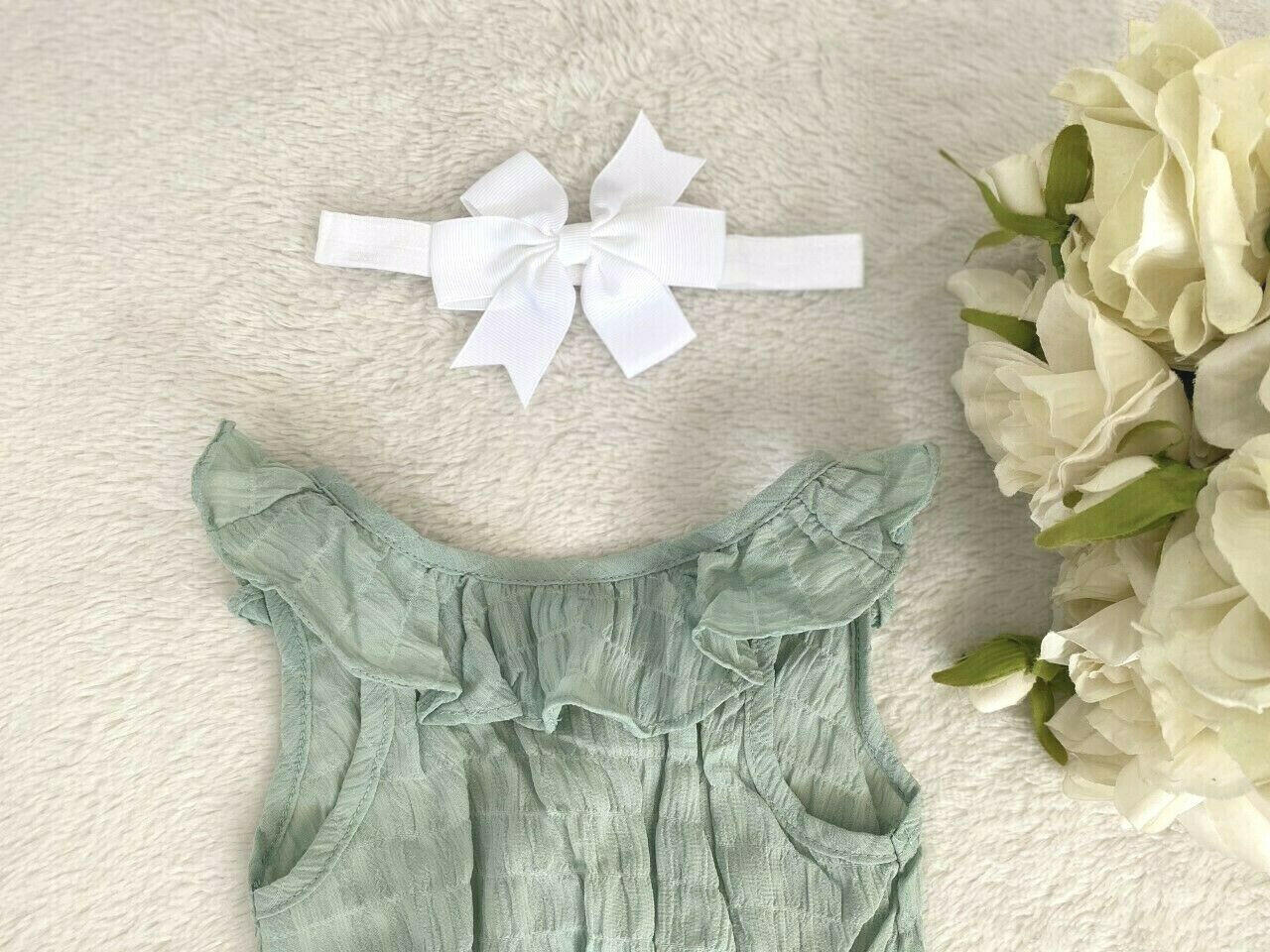 size 0-3m/3-6m new baby girl romper green ruffle romper & headband-Select Size.