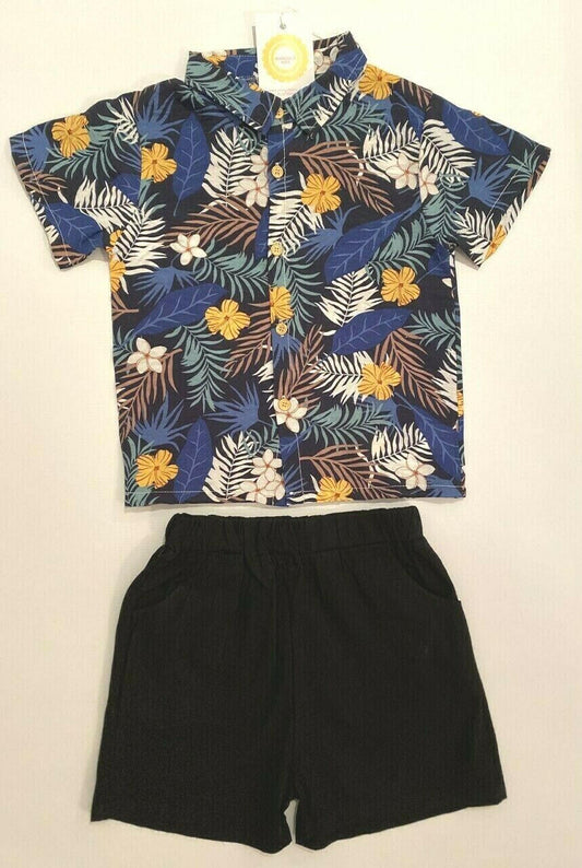 New Boys Outfit/Set: Tropical Shirt & Black Shorts