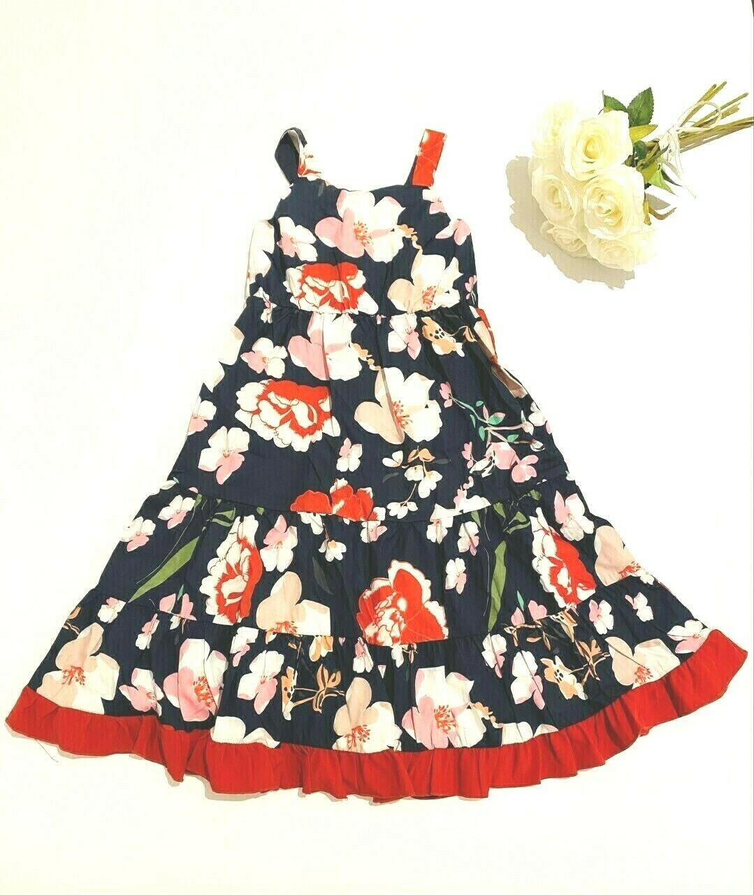 Size 2 years / 3-4 years New Girls Dress Navy Floral Red Ruffle Hem Dress