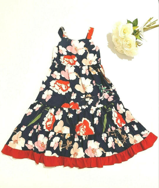 Size 2 years / 3-4 years New Girls Dress Navy Floral Red Ruffle Hem Dress