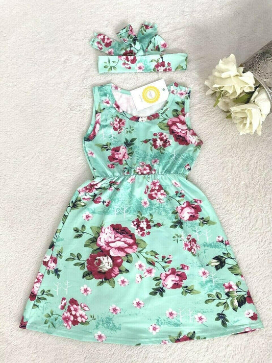 Girls Pink Floral Print Green Dress and Headband Set