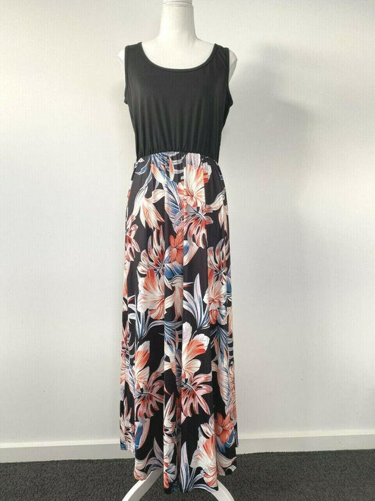 Women's Black Floral Hibiscus Palms Print Tank Maxi Dress - Size 10 AUS