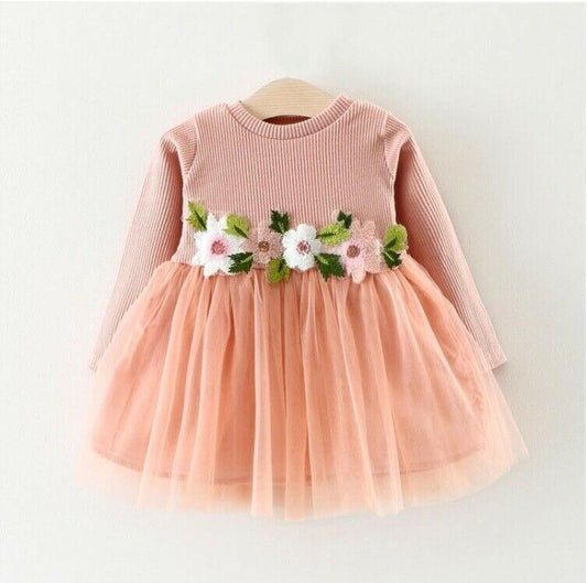 size 6-9 months new baby girls dress pink long sleeve flower waist tulle dress