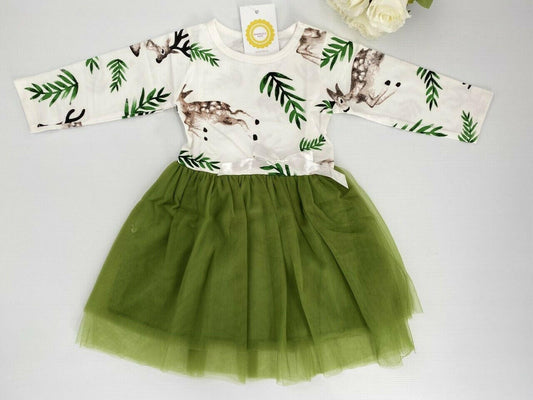 size 5-6 years new deer print green tulle long sleeve girls dress  - 1 left!