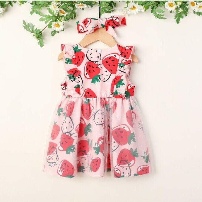 Size 3-6m to 9-12 months new baby girls pink red strawberry dress & headband