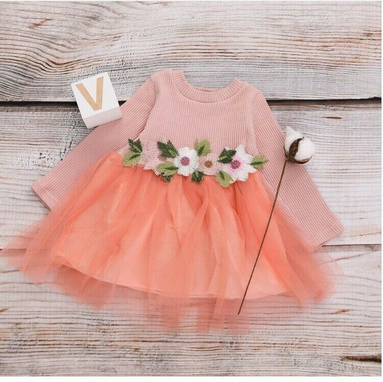 size 9-12 months new baby girls dress pink long sleeve flower tulle dress