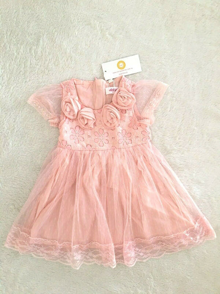Size 3 years New Girls Dress Pink Rose Collar Belted Lace Dress Party Dress