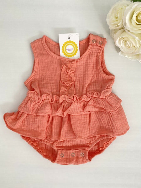 size 0-3 months baby girls romper new coral pink ruffle detail cotton romper