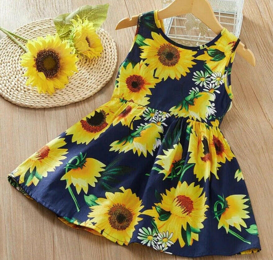 Sunflower-Print Navy Blue Dress with Black Satin Bow