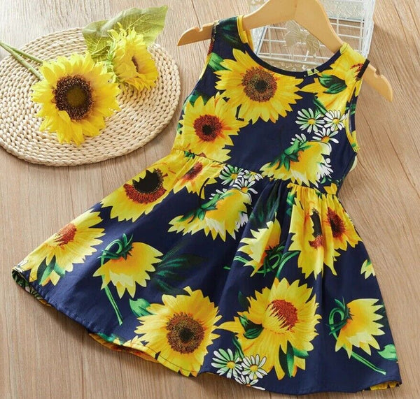 Girls dress sunflower bowknot navy cotton girls dress