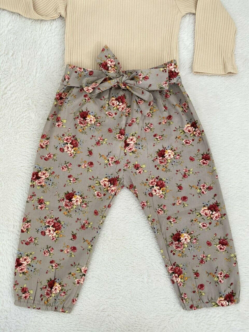 SOLD OUT- baby outfit beige bodysuit olive floral pants & headband