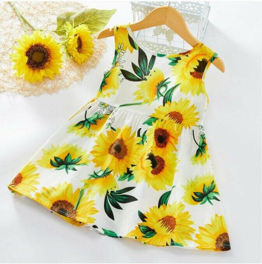 Girls Dress- Girls' White Cotton Sunflower Print Dress with Black Satin Bowknot