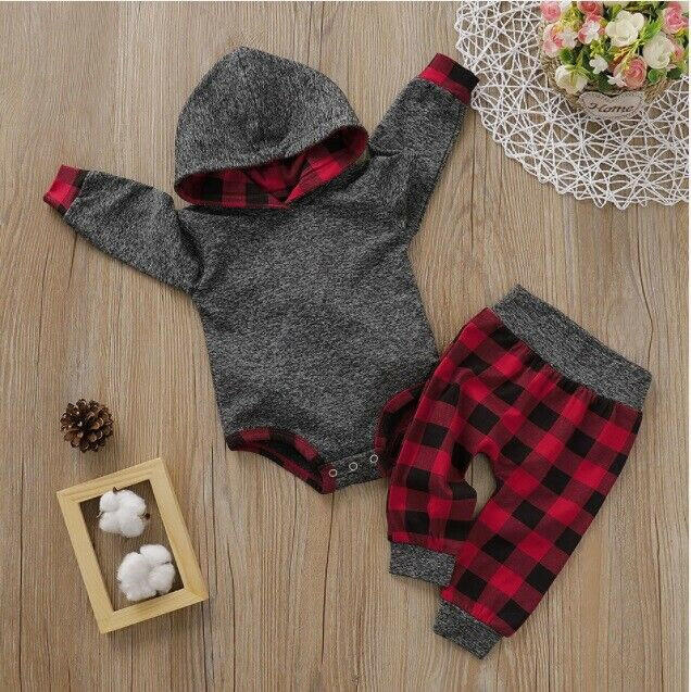 size 0-3m to 12-18 months new boys 2pc outfit grey & red plaid hoodie & pants