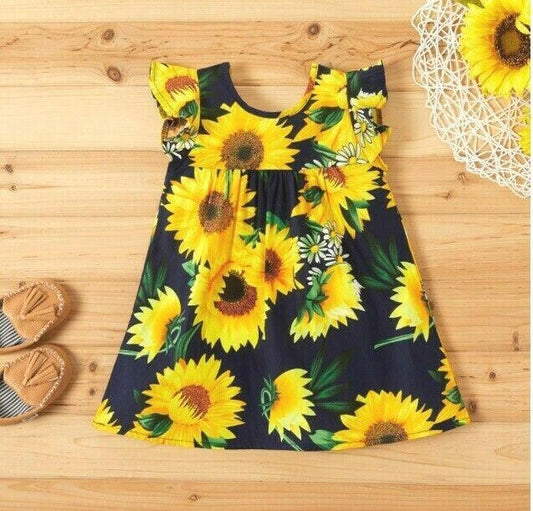 SOLD OUT-100% cotton sunflower navy blue girls dress