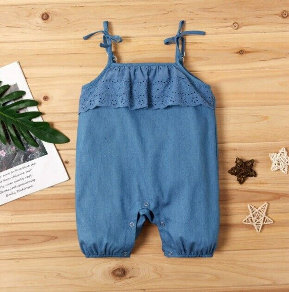 NEW Size 0-3 to 12-18 months Chambray Shoulder Bow Girls Romper - Select Size