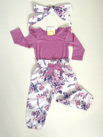 size 3-6m to 18-24m baby girls outfit pink purple floral top, pants & headband