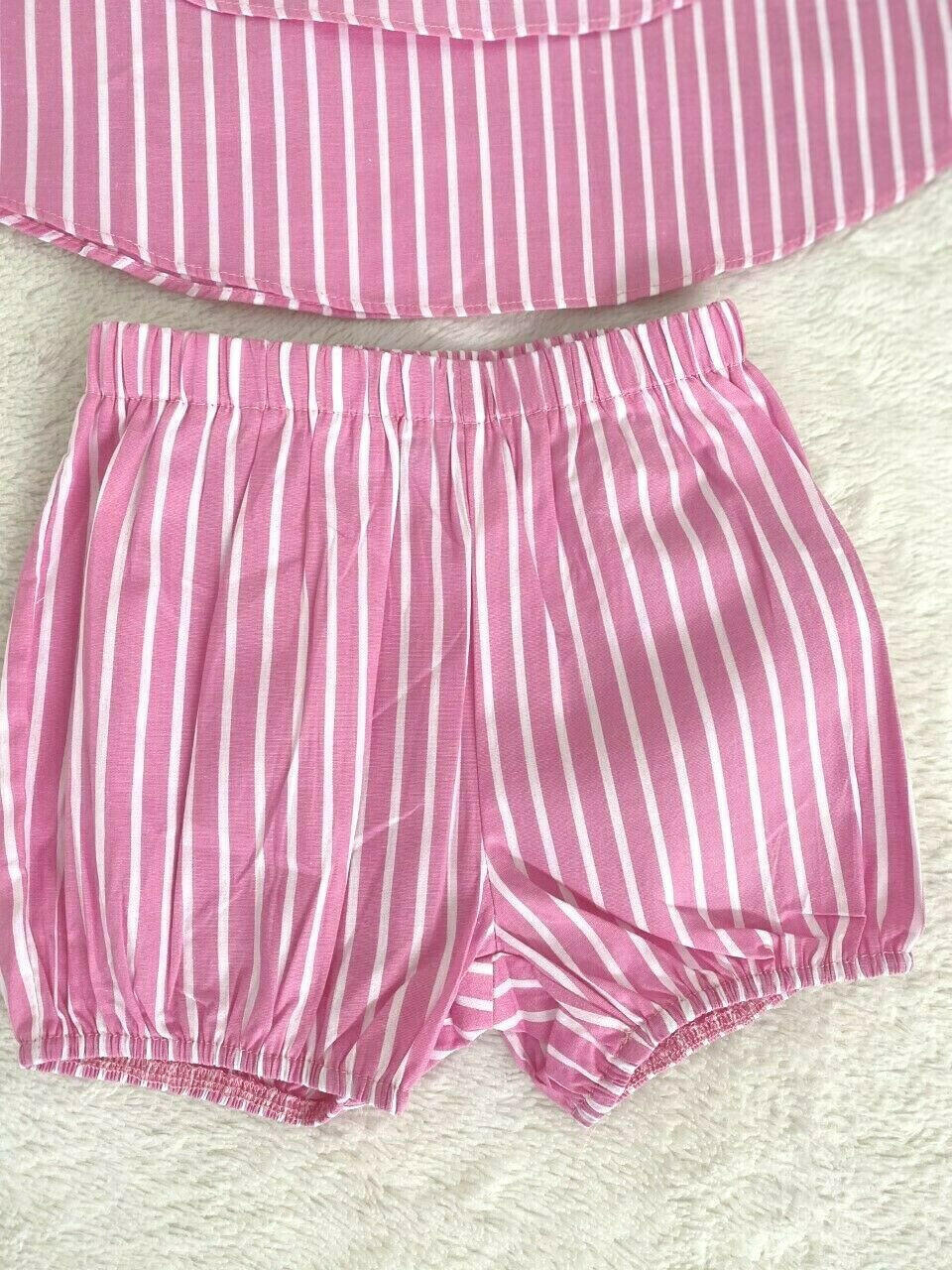 size 3-6 months baby girls outfit pink stripe ruffle top and short 2 pc set.