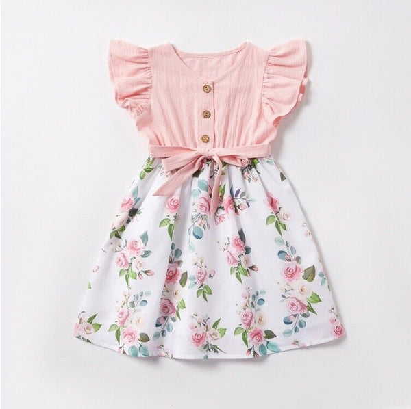size 2/3/4/6/8/10 years new girls dress pink flutter sleeve floral cotton dress
