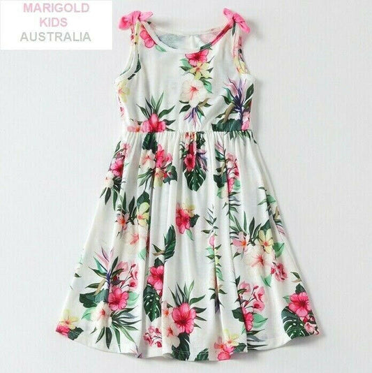 Pink Hibiscus Print Bow Shoulder White Dress