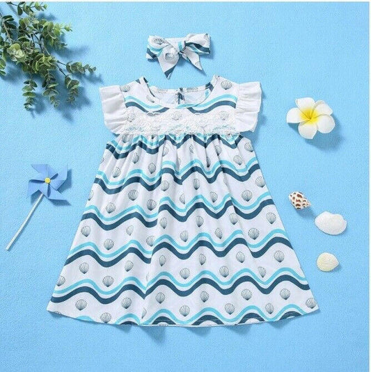 Size 6-9m to 18-24 months blue & white seashells waves baby dress & headband set