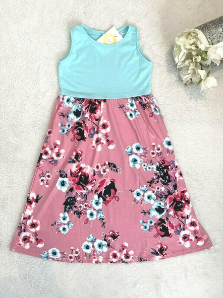 Size 3-4 Years Girls Dress New Sky Blue & Pink Floral Girls Dress with Pockets