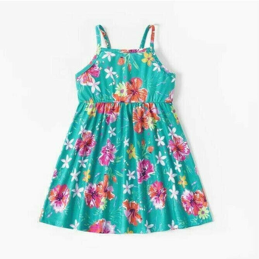 Girls Dress Turquoise Green Hibiscus Flower Print Dress