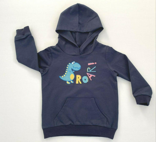 Boys' Dark Blue Dinosaur Roar Hooded Long Sleeve Hoodie