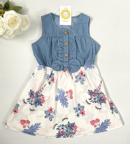 Girls dress strawberry unicorn blue chambray dress