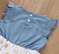 Girls dress size 12-18 months blue chambray gold polka dot tulle girls dress
