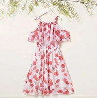 Girls Dress - Pink Red Floral Butterfly Print Cold Shoulder Dress