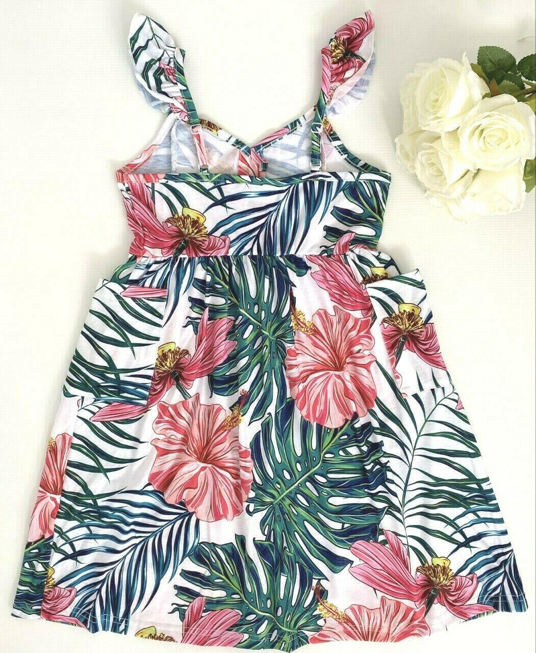 size 2y to 8-9 years new girls dress pink tropical flower & green palm dress