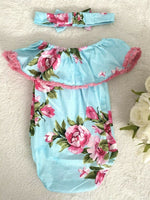 NEW Size 9-12 months Blue Pink Floral Ruffle Sleeve Baby Girl Romper & Headband