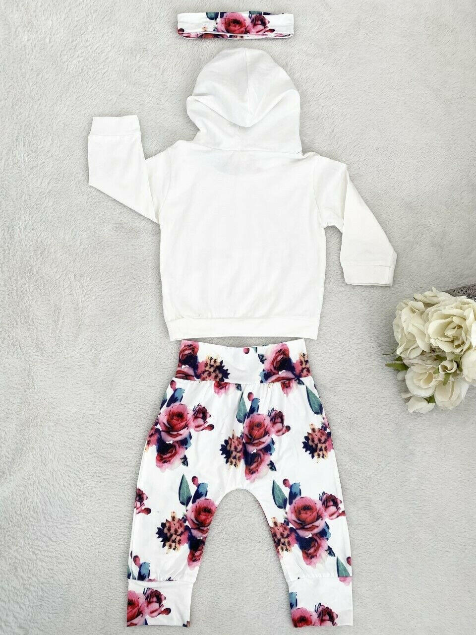 size 18-24 months new toddler girls white & rose hoodie, pants & headband set