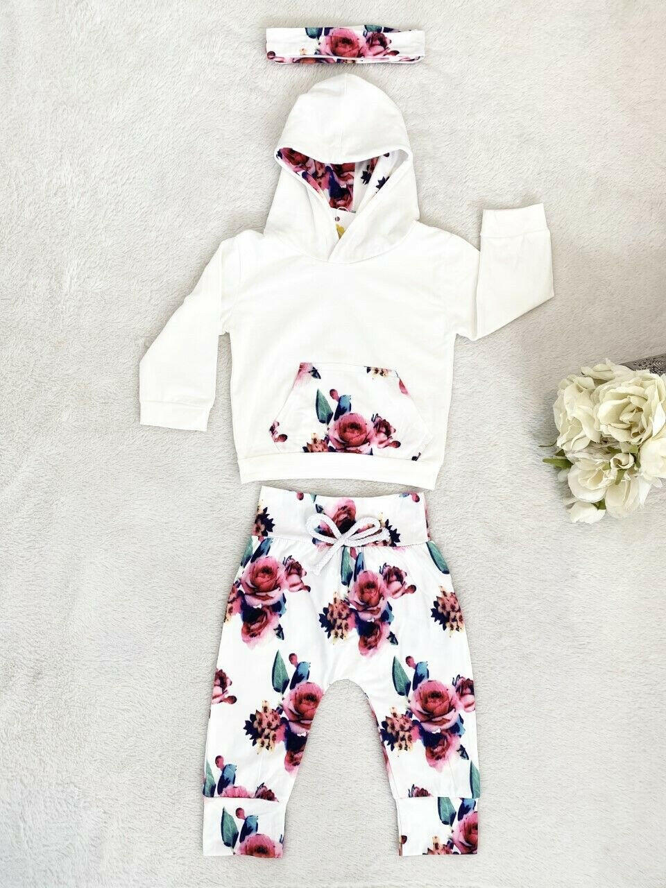 size 18-24 months new toddler girls white & rose hoodie, pants & headband set