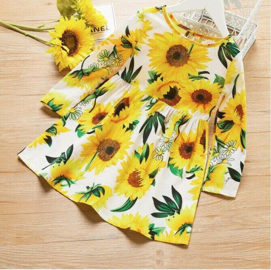 size 3y to 5-6 years new girls dress sunflower long sleeve white cotton dress