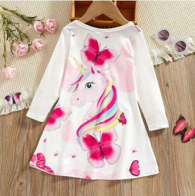 girls dress pink unicorn & butterfly long sleeve dress size 18-24m / 3-4 years