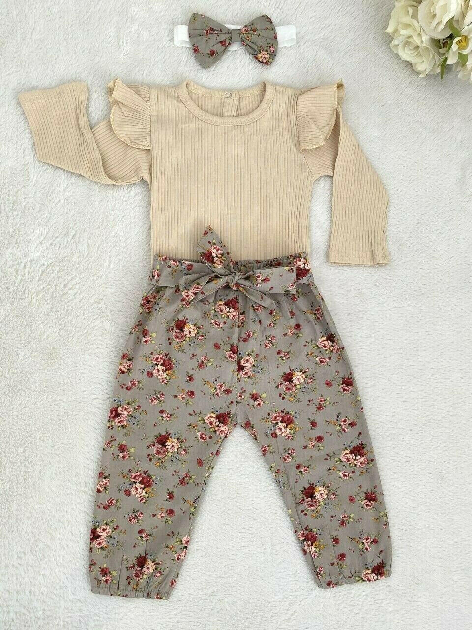 SOLD OUT- baby outfit beige bodysuit olive floral pants & headband